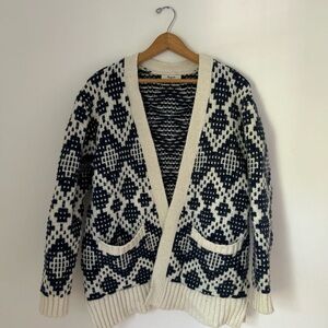 Madewell Blue and Cream Chunky Knit Cardigan
